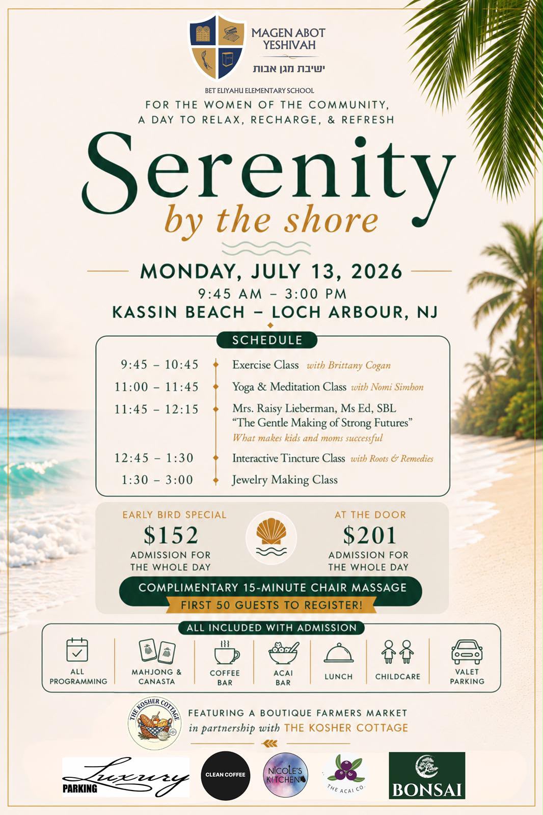 Serenity by the Shore flyer: Monday, July 13, 2026, from 9:45 AM to 3 PM at Kassin Beach in Loch Arbour, New Jersey