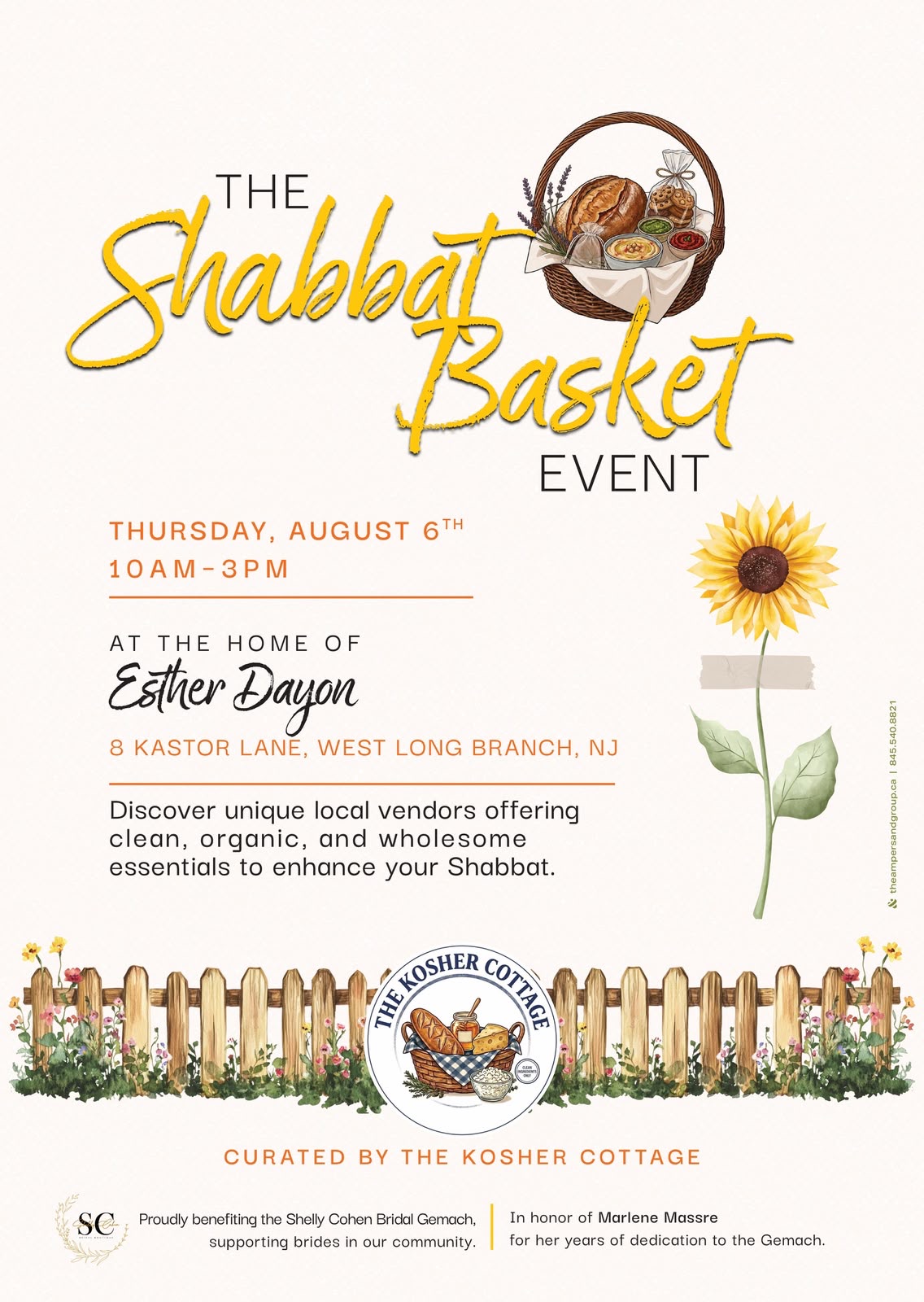 The Shabbat Basket Event flyer: Thursday, August 6, 10 AM to 3 PM, at 8 Kastor Lane in West Long Branch, New Jersey