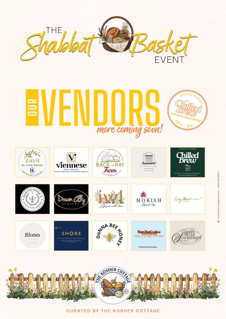 Vendor lineup for The Shabbat Basket Event, featuring local food, wellness, jewelry, fashion, and lifestyle businesses